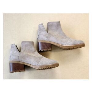 Sorel Cate Ankle Boots Women’s 6.5 Beige Suede Cut-Out Slip-On 2” Block Heel